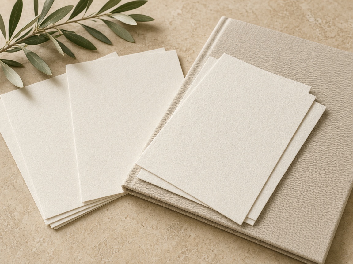 Blank cotton paper resting on a linen book.