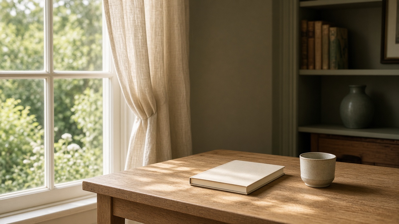 A sunlit wooden desk beside an open window, with a closed notebook and a cup.