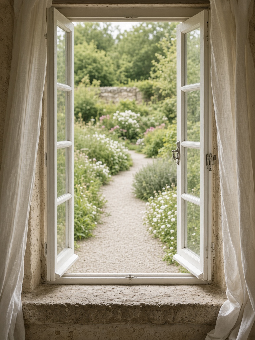 An open casement window looking onto a garden path.